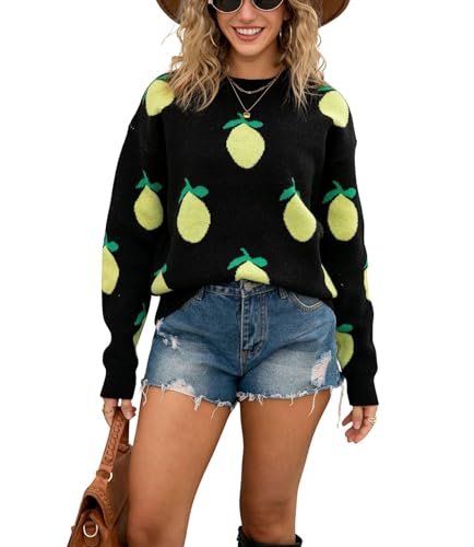 chouyatou Women's Cute Lemon Color Block Sweaters Long Sleeve Pullover Sweater Knit Jumper Tops