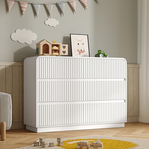 Image of BORNOON Dresser for Bedroom with 6 Drawers, Fluted Chest of Drawers with Round Curved Corner, Hidden Handles, Modern Wood Storage Organizer for Bedroom, Nursery, Living Room