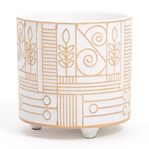 Elegante Terrakotta-Vase | weiß mit dekorativen abstrakten Mustern | D. 13,5 cm - H.13,5 cm | Blumentopf für Pflanzen, Blumen, Bonsai, Sukkulenten, Sansevieria | moderner Übertopf für den Innenbereich