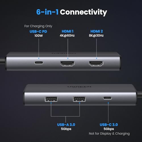 UGREEN Docking Station, Revodok 206 USB C Hub (6-in-1) with Dual 4K@60Hz, Single 8K@30Hz, 100W Power Delivery, 3x 5Gbps USB Data Ports, USB-C Dock for Thinkpad, HP, Dell Laptops and More