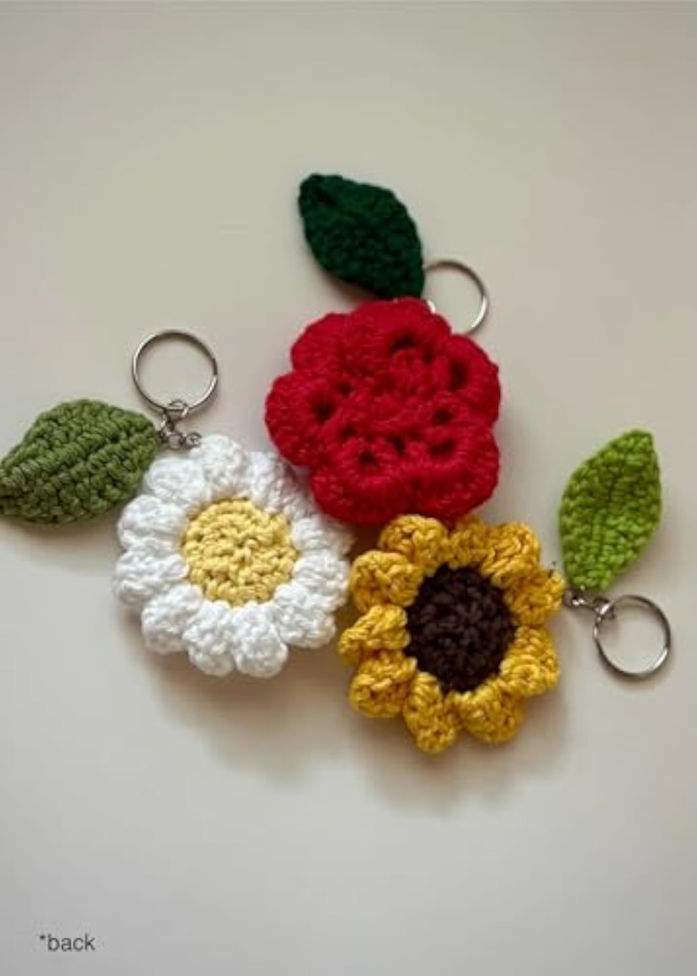 Crochet Flower Keychains - Rose, Sunflower & Daisy Charms