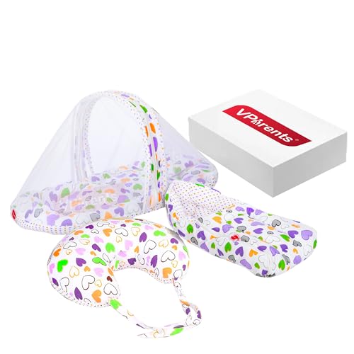 Image of VParents Daisy Purple Cotton Combo: Nursing Support, Mosquito Net Attached Bed and Carrying Nest