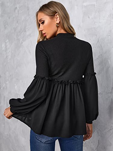 Makemechic Women's Maternity Peplum Top Ribbed Frill Trim Mock Neck Long Sleeve Pregnancy Shirt Black L #TOP1