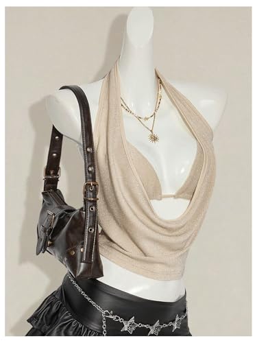 SweatyRocks Women's Glitter Draped Halter Tops Low Cut Going Out Top with Micro Crop 2 Piece Outfits4