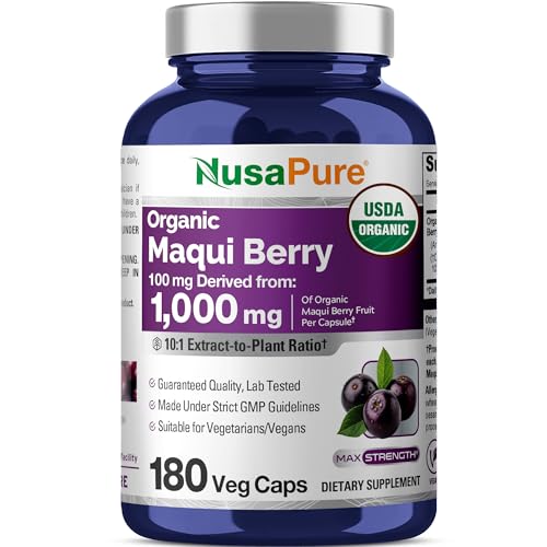 NusaPure USDA Organic Maqui Berry 10:1 Extract, 100 mg Equivalent to 1,000 mg 180 Veg Caps Suitable for Vegetarians and Vegans, Non-GMO