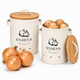 TIENDA EURASIA – Caja para Cebollas con Tapa de Bambú | Cebollero de Cocina | Recipiente de Almacenamiento Ventilado | Para Despensa | 17.5x14x19.5 cm (Crema)