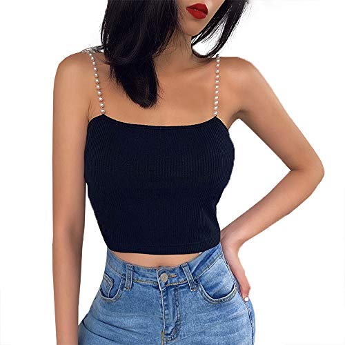 KKmoon Mulheres Top de Culturas Pérolas Cintas de Ombro Espaguete Com nervuras Colete Fino Tubo Top