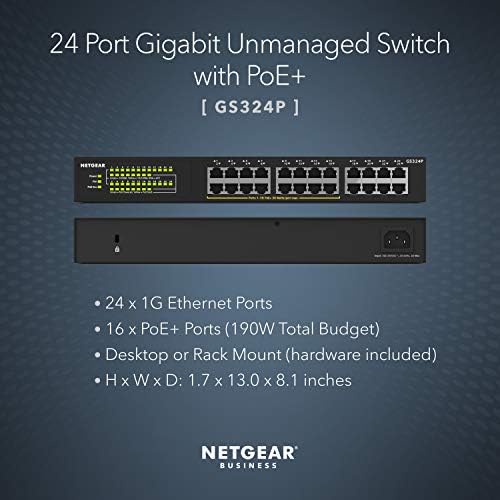 NETGEAR PoE Switch 24 Port Gigabit Ethernet Unmanaged Network Switch (GS324P) - with 16 x PoE+ @ 190W, Desktop or Rackmount
