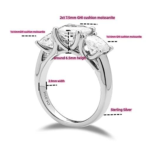 DovEggs Moissanite Engagement Rings for Women Solid 4ct Cushion Cut 3-Stone Moissanite Classic Anniversary Wedding Rings 14K Gold QUALITY Sterling Silver2
