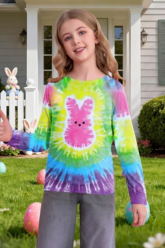 Image of LAZYCHILD Kids Easter Shirt Girls Happy Easter Shirts Rabbit Graphic Long Sleeve Striped Tee Tops 5-14 Years