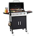 HUGROVE 4-Burner Propane Gas Grill, Stainless Steel BBQ Grill 40,000 BTU Output With Enamel Cooking Grids & Foldable Side Table, Spice Rack for Outdoor, Patio, Garden (Black, 4-burner)