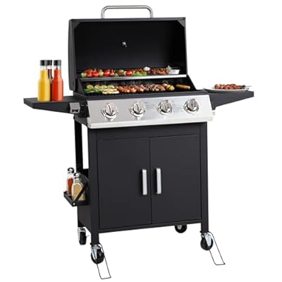 HUGROVE 4-Burner Propane Gas Grill, Stainless Steel BBQ Grill 40,000 BTU Output With Enamel Cooking Grids & Foldable Side Table, Spice Rack for Outdoor, Patio, Garden (Black, 4-burner)