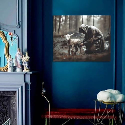 Image of GUN SUPPLIES OUTLET LLC Jesus and Lamb Canvas Wall Art Jesus Rescues Lost Lamb Picture Wall Art Canvas Print Christian Home Decor 12x16 inch