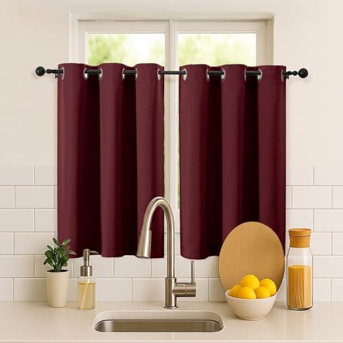 Image of Simplebrand Burgundy Short Cafe Curtains 36 Inch Length 2 Panels Set, Half Window Grommet Privacy Drape Tiers for Kitchen, Thermal Insulated Room Darkening Curtains for Bathroom Shades, W40 x L36