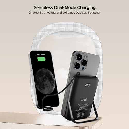 Image of Boat Energyshroom PB330 MagnaCharge 10000 mAh Magnetic Wireless Power Bank w / 15W Wireless Charging, Metal Stand,Magnacharge Ring for iPhone and Android Phones w /Wireless Charge(Black)