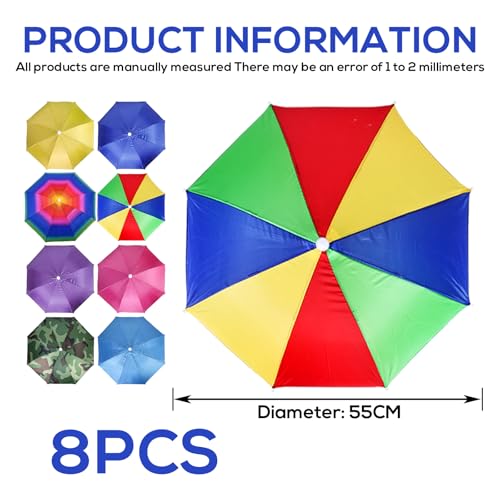 BORDEAG 8 Stück Regenschirm Hüte, Kopf Regenschirm 55cm, Regenschirmhut, Regenhut Angeln Handfrei, Faltbarer, Wasserdicht Schirmhut Für Angeln Strand