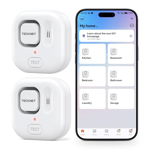 TECKNET WiFi Water Leak Detectors, Leak & Drip Alert with APP Push and Sound Alarm, Smart Water Sensor with 120dB Adjustable Alarm, for Home Kitchen Bathroom Basement (2 Pack, Battery Included)