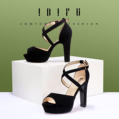 Idifu Women's Platform Strappy Chunky High Heels Dress Sandals Peep Toe Wedding Party Evening Shoes For Women Bride (Black Nubuck, 9.5 M Us) #TOP2