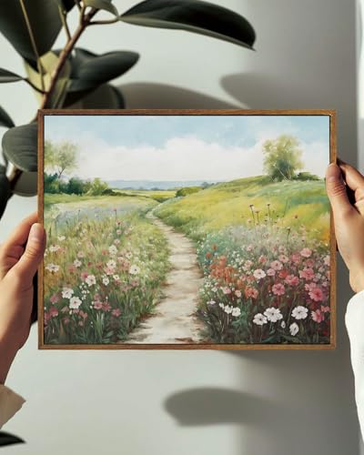 Image of KISSFOX Framed Wall Art Vintage Wall Decor Wildflower Canvas Art Landscape Pictures Floral Paintings Spring Countryside Artwork Farmhouse Prints For Bedroom Kitchen Living Room
