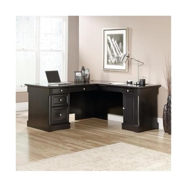 Bowery hill l shape home office executive desk with large drawers letter size hanging file drawer and cpu tower in wind oak finish  urban country home decor