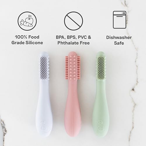 Image of ezpz Baby-Led Toothbrush (Indigo) - 3 Months + - 100% Silicone Infant Toothbrush with Sensory Bumps - Cleans Gums + New Teeth - Improves Hand-to-Mouth Coordination, Self-Feeding Skills