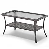 Opohoro Outdoor Coffee Table - Patio Rattan Wicker Coffee Table with Tempered Glass Top and 2-Tier Storage Outdoor Table for Deck Porch Balcony Garden - Brown