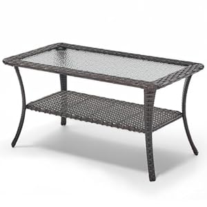 Outdoor Coffee Table - Patio Rattan Wicker Coffee Table with Tempered Glass Top and 2-Tier Storage Outdoor Table for Deck Porch Balcony Garden - Brown Outdoor Coffee Table Patio Rattan Wicker Coffee Table with Tempered Glass Top and 2 Tier Storage Outdoor Table for Deck Porch Balcony Garden Brown