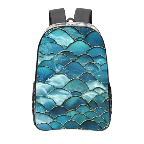 Fish Scale Ocean Print Work Travel Stadium Events Transparent Backpack PVC Clear Bag Large Side Pockets
