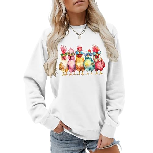 Sweatshirt poules lunettes femme col rond en coton imprimé pull décontracté automne