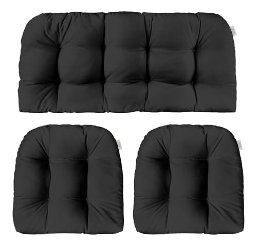 RSH DECOR Sunbrella 3 Piece Wicker Tufted Loveseat Set, Outdoor Pillows & Outdoor Chair Cushions, Patio Loveseat 44"x22" & 2-22"x22" U-Shaped, Performance Fabric, Canvas Black - Made in USA