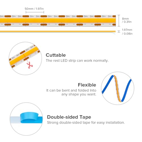 Image of 6.56FT /2M 5V USB LED Light Strip Orange Flexible High Density COB Strips 640LEDs, 8mm LED Tape for Under Cabinet Bedroom No Controller and Power