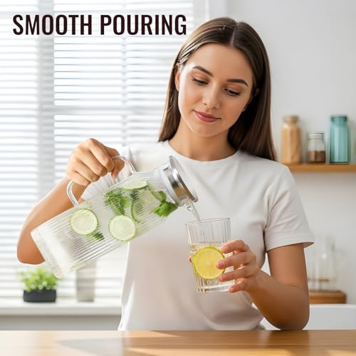 image for Snuvid 2 Liter/68 oz Square Glass Pitcher with Lid, Classic Stripes Wa