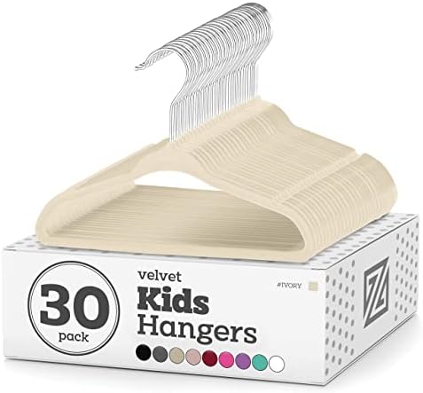 Zober Velvet Kids Hangers for Closet - Pack of 30 Non Slip Childrens Hangers for Shirts, Pants & Dresses w/Swivel Hook - Durable Kids Clothes Hanger w/Notches - Small Hangers - Ivory