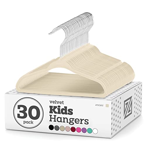 Zober Velvet Kids Hangers For Closet - Pack Of 30 Non Slip Childrens Hangers For Shirts, Pants & Dresses W/Swivel Hook - Durable Kids Clothes Hanger W/Notches - Small Hangers - Ivory #TOP30