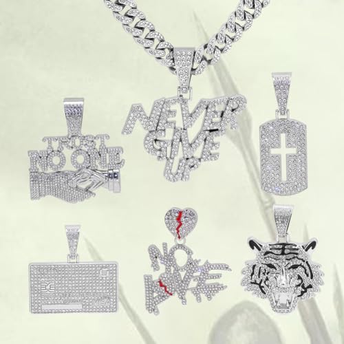 GuoShuang Silver Cuban Link Chain for Men with Pendant,miami Ice Out Diamond Cuban Link Tiger Cross Never Give UP Cridit Card VISA Necklace Hip Hop Jewelry men necklace2
