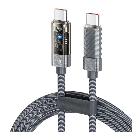 Intelligent 100W USB C Fast Charging Cable with LED Light – 2M Type C to Type C Charger Lead,E-Marker Chip, 480Mbps Data Transfer – Universal Charging Cable for iPhone 16 Pro Max,Galaxy,Pixel