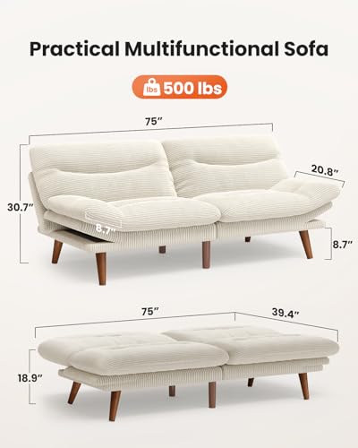 Image of Amada 75 inch 3-in-1 Convertible Futon Sofa Bed, Beige