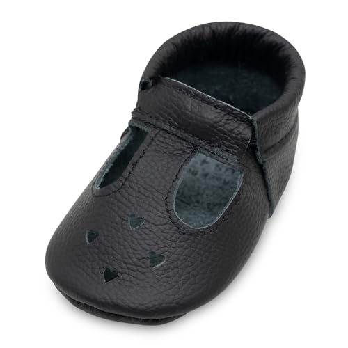 BirdRock Baby Mary Jane - Mocasines de piel auténtica con suela suave para recién nacidos, bebés y niños pequeños, Negro (Negro), 21