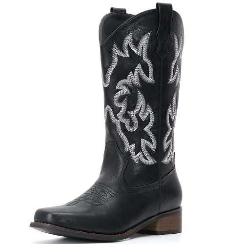 Image of IUV Cowboy Boots For Women Square Toe Wide Mid Calf Western Pull On Suede Fashion Black Brown Cowgirl Boots