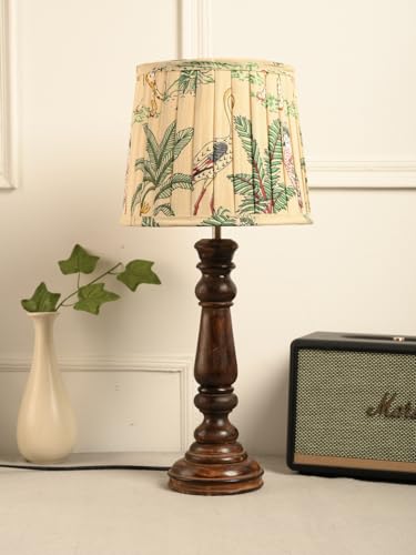 Image of Green Girgit Classic Wooden Lamp in Walnut Brown Color with Pleeted Multiolor Green Shade, Vintage Wooden Table Lamp with Tropical Print Shade, Decorative Light for Bedroom (LED Bulb Included)