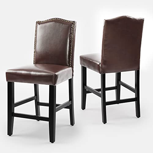 Lsspaid Bar Stools Set Of 2, Pu Counter Height Barstools, 23.5" Seat Height Upholstered Bar Stool, Solid Wood Bar Chairs, Brown #TOP25