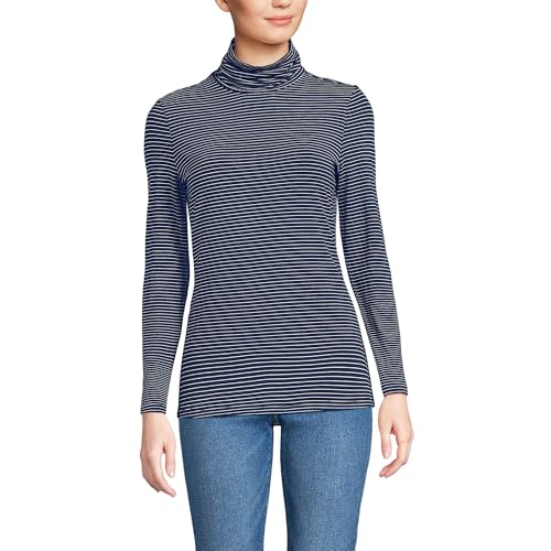 Lands' End Womens Long Sleeve Shaped LWCM Turtleneck Deep Sea Navy Thin Stripe Plus 2X