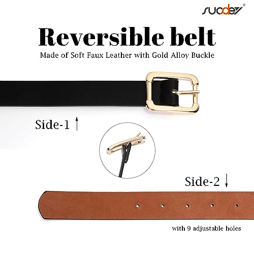 Image of SUOSDEY Women Reversible Leather Belts for Jeans Pants Dresses Ladies Black /Brown Belts with Fashion Gold Buckle, A: Black / Brown(type 1), fits waist from 28 inch-32 inch