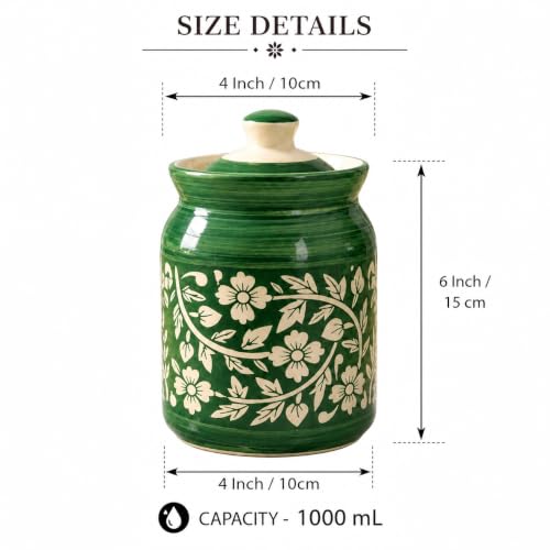 Image of D'Maiolica Ceramic Handmade Pickle Jars in 1000ml (set of 2) | Floral Bale 1 kg Achaar Martban | Ceramic Jadi for Kitchen Storage (Set of 2) | Jars for Achar, Spices, Salt (Florian Green)