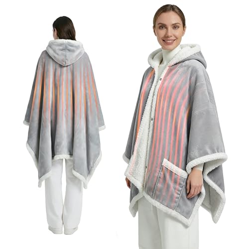 Myiosus Heated Blanket Wearable Shawl Electric Wrap Poncho Blanket Hoodie with Pockets Velvet & Sherpa Heating Throw with 6 Heating Levels & 4 Time Settings Birthday Gifts for Mom 50 x 64 Inch Grey