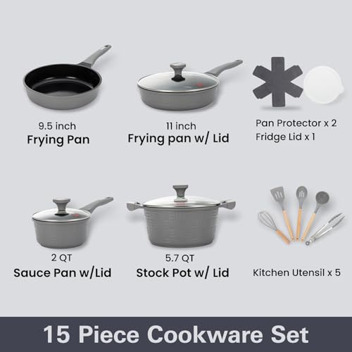 UCCLIFE 15Pcs Pots and Pans Set Nonstick Cookware with Non-detachable Handle, Large Capacity, Induction Compatible, Grey Kitchen Frying Pans (PFOA, PFAS, PTFE Free) - Image 2