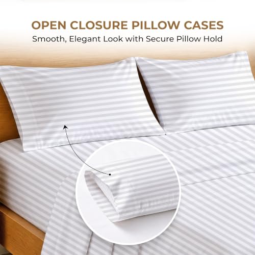 Image of SGI bedding 100% Egyptian Cotton Sheets Full XL Size - 600 Thread Count Sheets Set, Soft, Cooling, 15 inch Deep Pocket, Luxury Hotel Bedding, Breathable, Durable - White Stripe