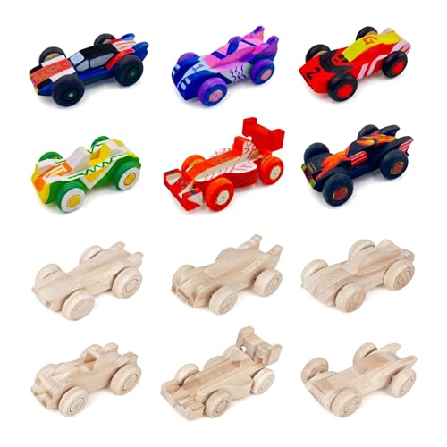 12 Pcs Unfinished Wooden Cars Wooden Cars to Paint DIY Arts and Crafts Kit for Kids Home Activities Family Handicraft Projects and Easy Woodworking (Paints and Brushes not Included)