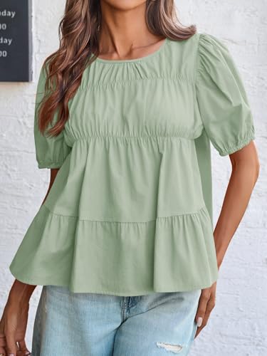 Image of Tankaneo Womens Puff Sleeve Peplum Babydoll Tops Summer Flowy Pleated Cotton T-Shirts Casual Loose Fit Cute Blouse
