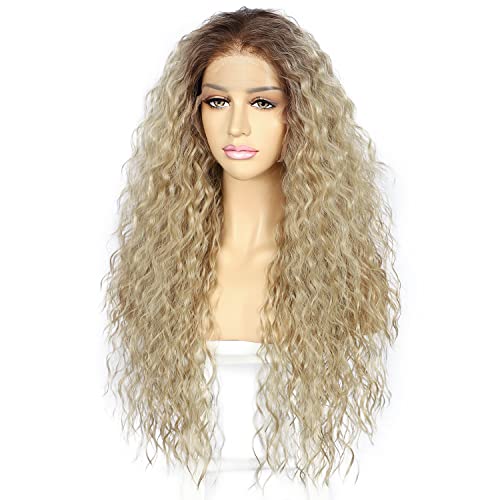 Sapphirewigs Curly Lace Front Wig Ombre Ash Brown Curly Synthetic Wigs for Women 13x3 Daily Wear Party Christmas Halloween Heat Resistant 26 inch - Image 3